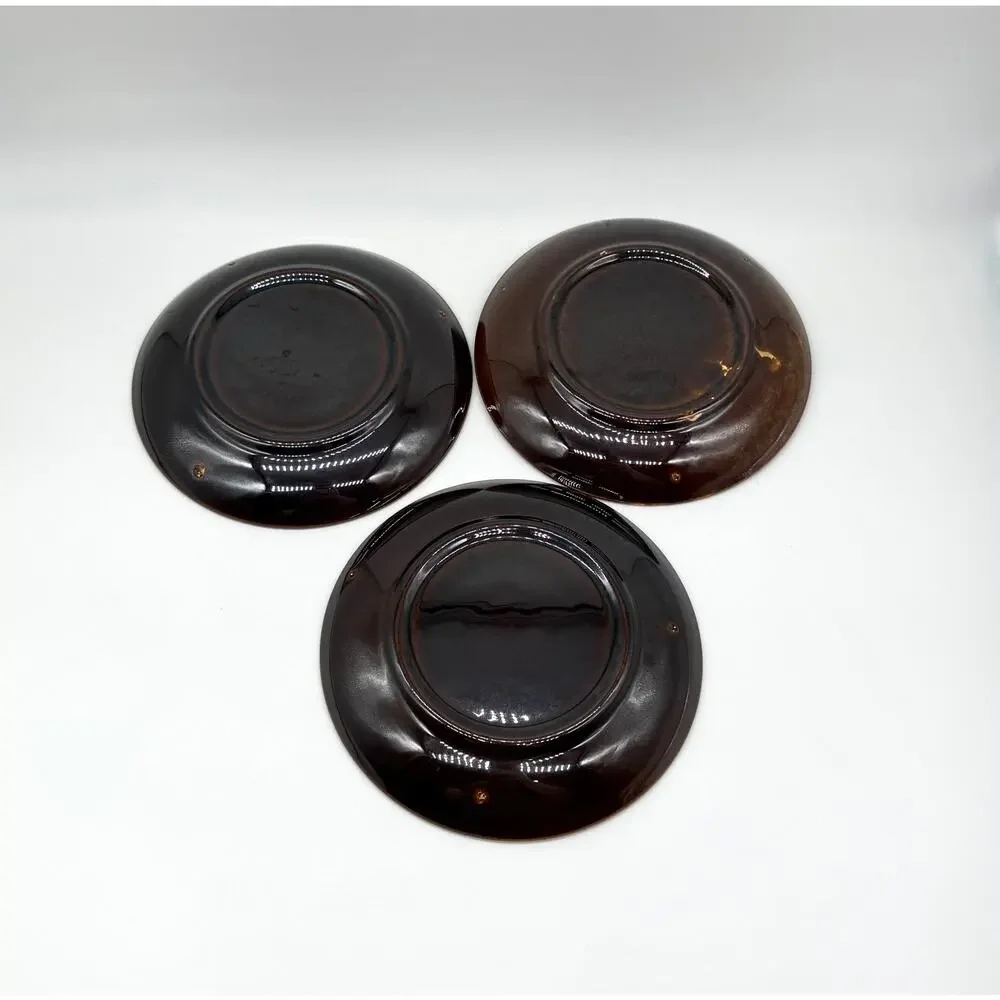 Vintage Brown Drip Glaze Stoneware Salad Dessert Plates Set 3 Rustic Pottery